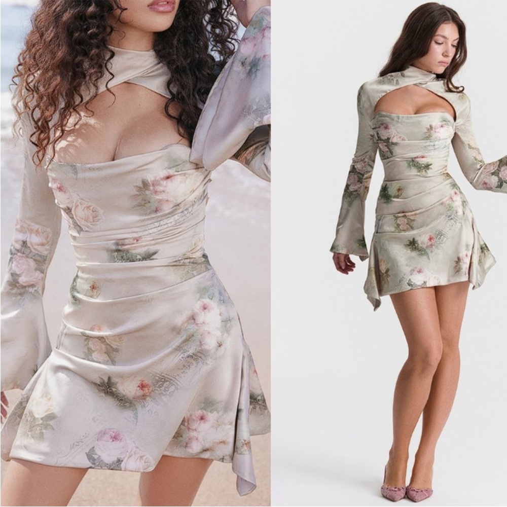 House of CB Floral Cutout Mini Dress in Pale Sage and Blush